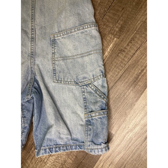 OshKosh 5T Denim Short Overalls Vestbak Carpenter Conductor Stripe Straps Unisex - Picture 6 of 9